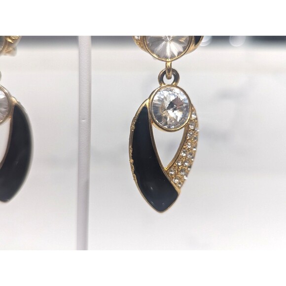 Vintage Bijoux Designs Earrings Clip On Black Enamel Rhinestone Dangle 80s 90s - Picture 5 of 11